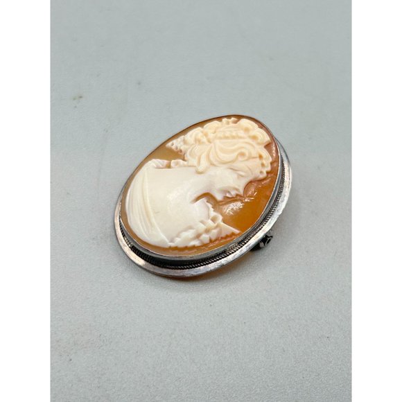 Vintage Sterling Silver Genuine Carved Cameo Shell Pendant Oval Pin Brooch - Picture 10 of 10